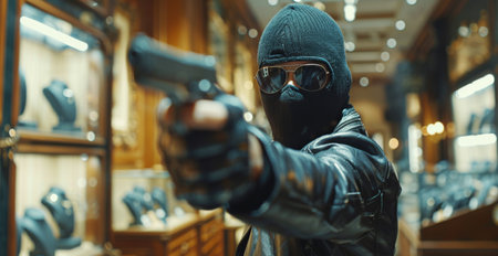 A masked man with a gun stands at a doorway with his weapon pointed towards the camera.の素材