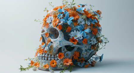 A ceramic skull decorated with colorful flowers, in a minimalist white background.の素材