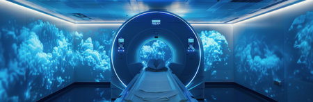 A medical imaging room with a large MRI machine and a projection of a calming cloud scene on the wall.の素材