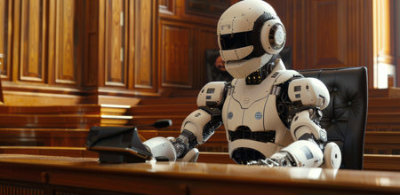 A white robot sits at a wooden desk in a courtroom, seemingly attending a trial or hearing.の素材