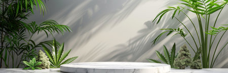 A white marble platform sits in the middle of a lush tropical setting, illuminated by dappled sunlight.の素材