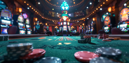 A close-up image of a roulette wheel with a ball spinning around the track, set against a vibrant, bustling casino backdrop.の素材