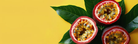 Close-up of three passion fruit halves with seeds and green leaves on a bright yellow background.の素材