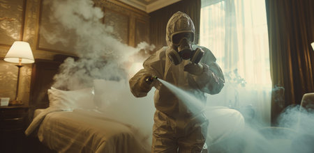 A person wearing a full-body protective suit and mask sprays a disinfectant mist onto a bed in a residential living room.の素材