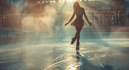 A woman wearing a tutu ice skates gracefully on a rink at sunset, leaving a trail of ice behind her.の素材