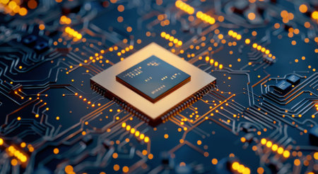 A close-up image of a microchip on a circuit board, with glowing lights illuminating the intricate circuitry.の素材