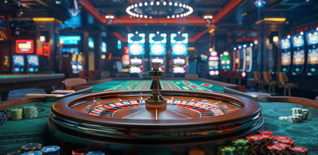 A close-up image of a roulette wheel with a ball spinning around the track, set against a vibrant, bustling casino backdrop.の素材