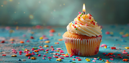 A single cupcake with white frosting and colorful sprinkles sits on a blue background with scattered sprinkles. A lit candle tops the cupcake.の素材