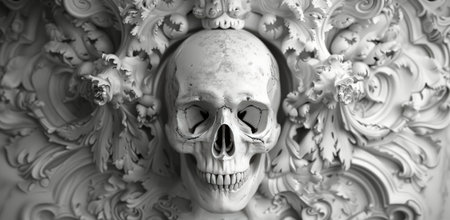 A close-up, black and white photo of a detailed, white plaster skull relief sculpted into an elaborate, decorative design.の素材