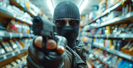 Masked person in store aims gun at viewer, wearing balaclava, sunglasses, and hat. Blurry shelves with products in background.の素材