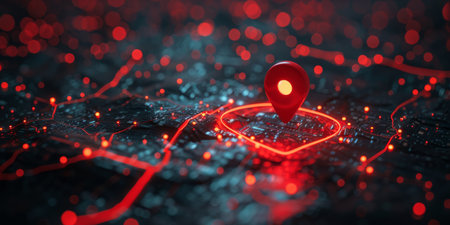 A glowing red location marker sits atop a digital cityscape at night, with red and blue lights representing buildings and roads.の素材
