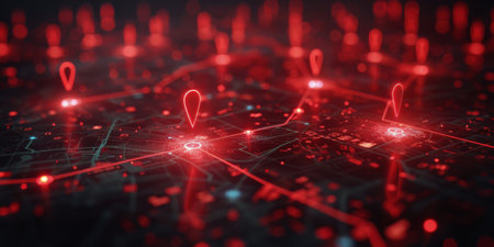 A glowing red location pin sits atop a glowing ring on a network of digital connections against a red and blue background.の素材