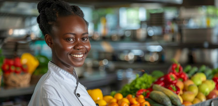 A smiling female chef in a white uniform stands in a kitchen with fresh produce in the background.の素材