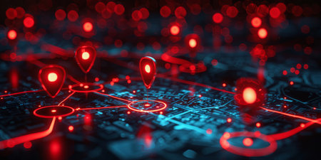 A glowing red location pin sits atop a glowing ring on a network of digital connections against a red and blue background.の素材