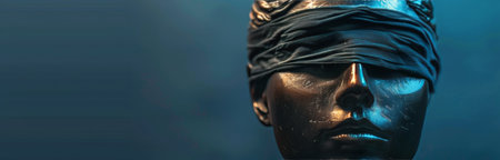A close-up image of a blindfolded statue against a blue background. The statues face is obscured by the blindfold, highlighting the concept of impartiality.の素材