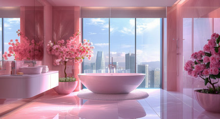 A pink bathroom with a large, freestanding bathtub and a window with a view of a city skyline at sunset.の素材