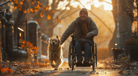 A person in a wheelchair is walking through a park with their dog on a sunny autumn day.の素材