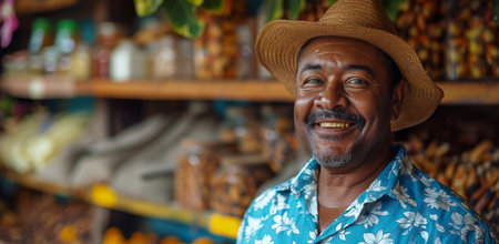 A man wearing a straw hat stands in front of a store filled with jars of spices. He smiles at the camera.の素材