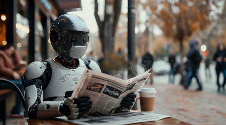 A humanoid robot sits at an outdoor cafe table reading a newspaper.の素材