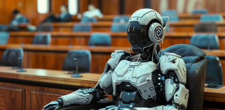 A white, humanoid robot with a helmet and headphones is sitting in a conference room.の素材