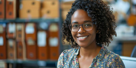 A young woman with curly hair and glasses smiles warmly in an office setting.の素材
