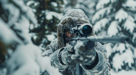 A soldier in camouflage gear aims a sniper rifle through snowy trees.の素材