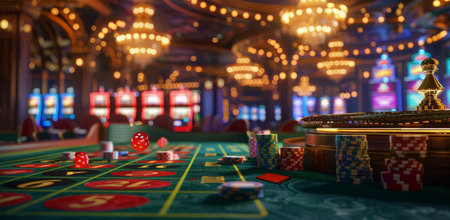 A close-up of a casino dice table with red dice and chips.の素材
