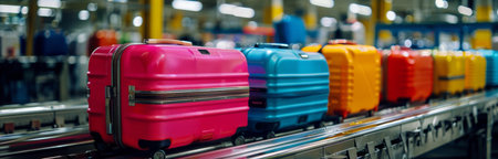 A row of colorful suitcases travels on a conveyor belt in an airport baggage claim area.の素材