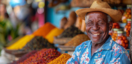 A man in a straw hat smiles broadly as he stands in front of colorful spices at an outdoor market.の素材