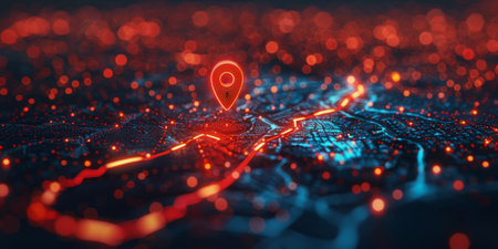 A glowing red location marker sits atop a digital cityscape at night, with red and blue lights representing buildings and roads.の素材