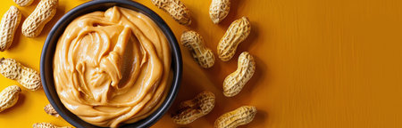 A bowl of creamy peanut butter with whole, shelled peanuts scattered around it on a yellow background.の素材