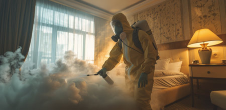 A person wearing a full-body protective suit and mask sprays a disinfectant mist onto a bed in a residential living room.の素材