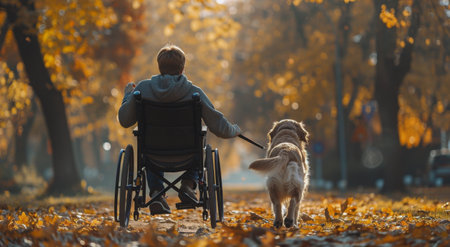 A person in a wheelchair is walking through a park with their dog on a sunny autumn day.の素材