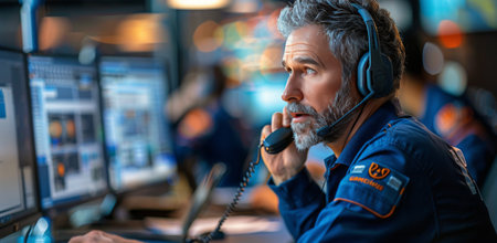 A man in a blue uniform with a headset on talks on the phone while working in a control room.の素材