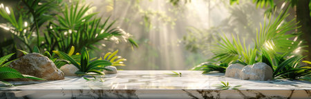 A marble platform sits amidst lush green tropical foliage with sunbeams filtering through the trees.の素材