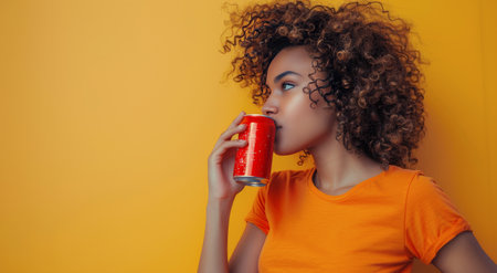 A young woman with curly hair drinks from a red can in front of an orange background. She is wearing a yellow t-shirt.の素材