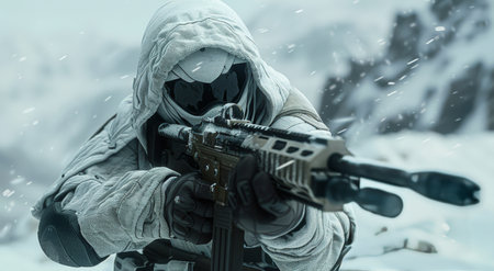 A soldier in white camouflage gear aims a rifle in a snowy landscape. The snow is falling and the soldiers face is obscured by the hood of their jacket.の素材