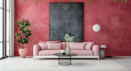 A modern living room features a pink sofa, a black coffee table, and a red wall.の素材
