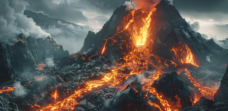 A volcanic eruption with lava flowing down the mountainside, creating a fiery spectacle against a backdrop of dark clouds.の素材