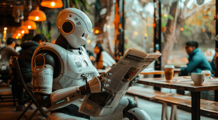 A white humanoid robot sits at a cafe table, reading a newspaper.の素材