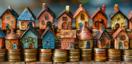 A collection of miniature wooden houses, each unique in its design and style, are stacked on top of coins, creating a charming and whimsical display.の素材