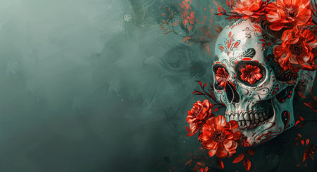 A white skull with intricate designs and red flowers, set against a dark green backdrop.の素材