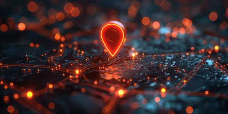 A glowing red location marker sits atop a digital cityscape at night, with red and blue lights representing buildings and roads.の素材