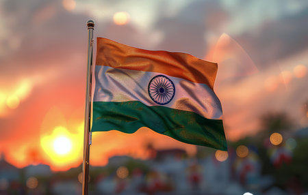 A close-up image of the Indian flag waving proudly in the wind against a backdrop of a golden sunset.の素材