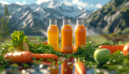 Three bottles of fresh juice, two orange and one green, sit on a wooden surface with carrots and leafy greens. The background features a vibrant mountain landscape.の素材