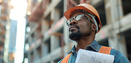 A construction worker wearing a hard hat and glasses looks up at a building plan, focused on the details of the project.の素材