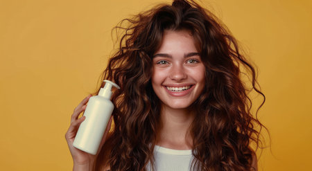 A smiling woman with long curly brown hair holds up a white bottle of lotion in front of a yellow wall.の素材