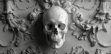 A close-up, black and white photo of a detailed, white plaster skull relief sculpted into an elaborate, decorative design.の素材