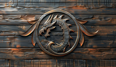 A close-up of a metallic dragon sculpture attached to a dark wooden surface. The dragon is coiled in a serpentine shape with its head facing the viewer.の素材