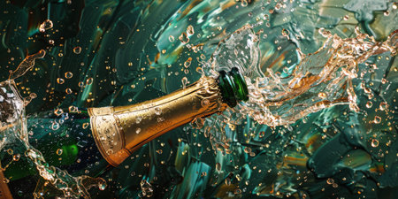 A champagne bottle is submerged in water, creating a beautiful splash and bubbles.の素材